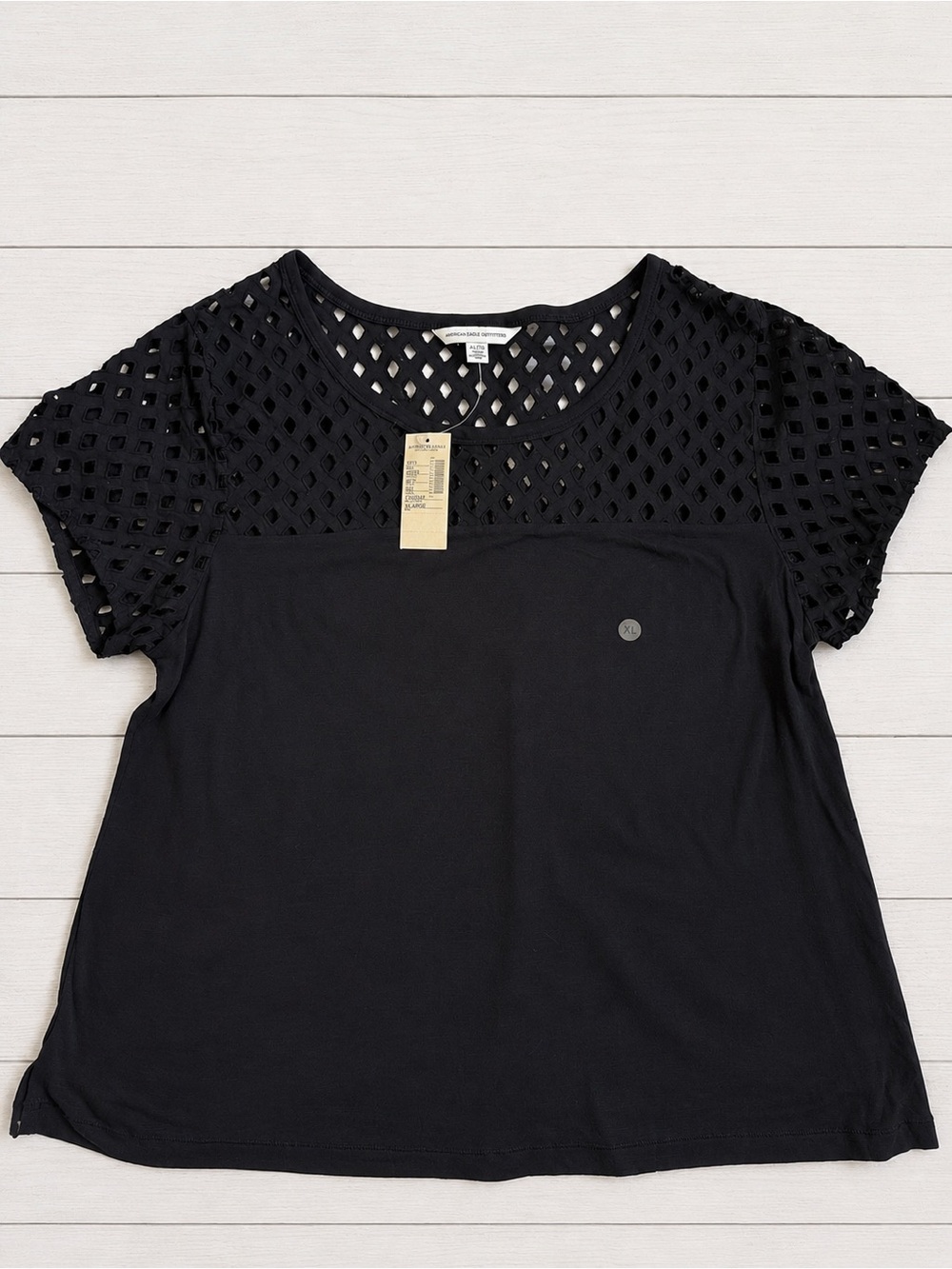 NWT American Eagle Outfitters Black Short Sleeve Crochet Yoke Tee